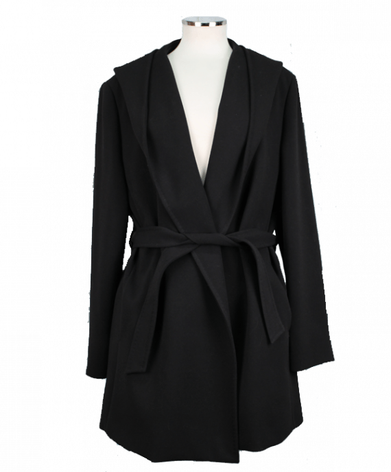 Giaccone con cappuccio e cintura in tessuto crepe elasticizzato