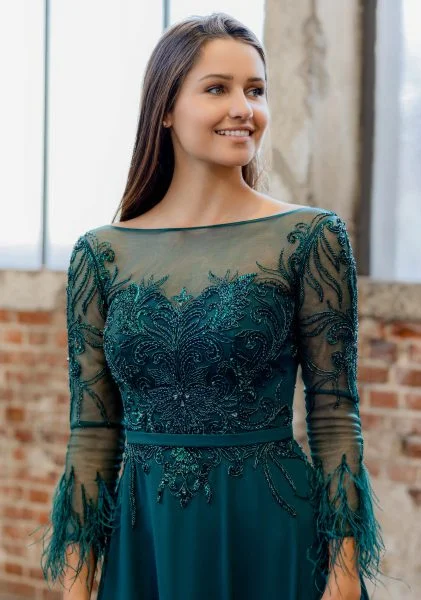 Abito Lungo Chiffon Piume e Manica lunga Verde Botanico De